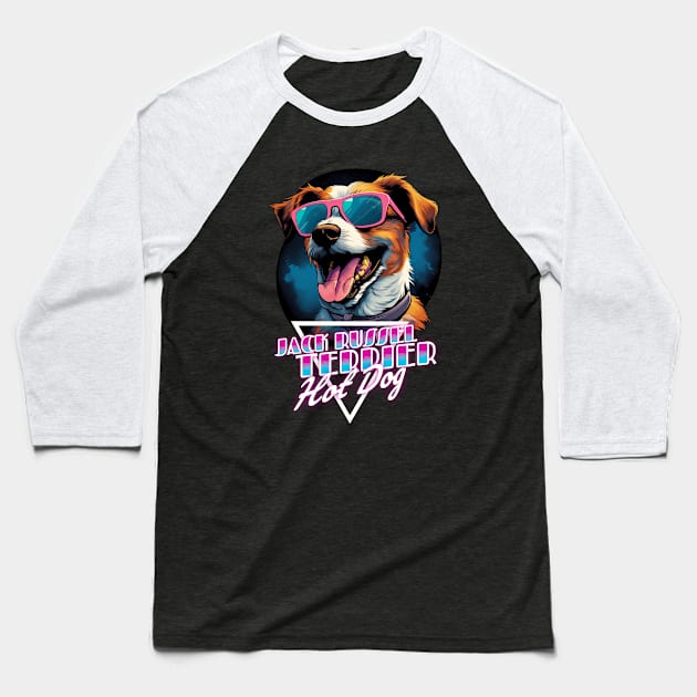 Retro Wave Jack Russel Terrier Hot Dog Shirt Baseball T-Shirt by Miami Neon Designs